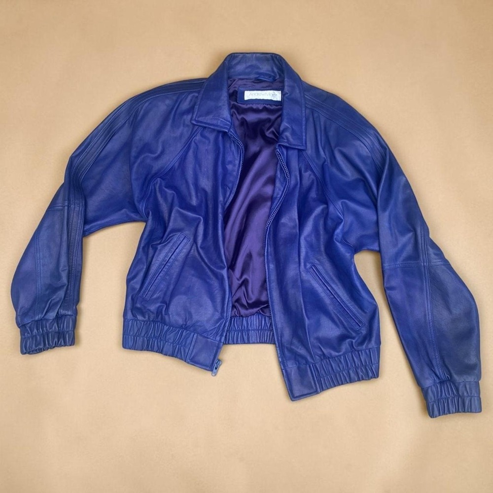 Vintage Andrew Marc Deep Blue Leather Bomber Jacket Oversized XL 80s 90s